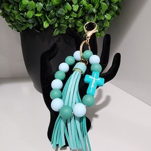 NWT Green & Blue Faith 'Jesus' Keyring Tassel Beaded Bracelet